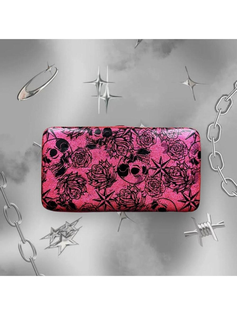 Y2K Pink Teal Skull Rose Glitter Wallet Gothic Grunge Floral Bifold Clutch